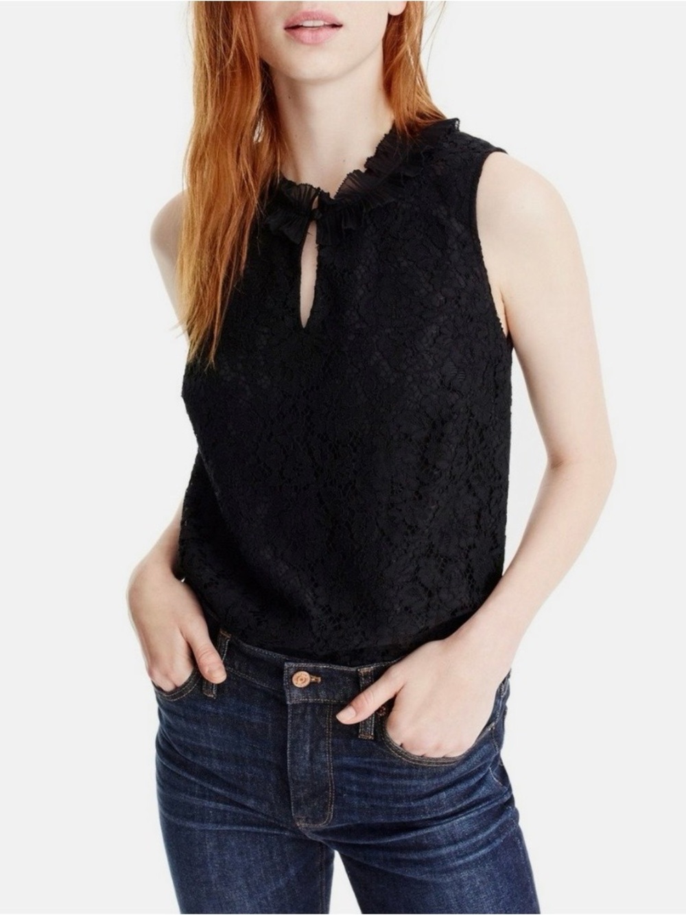 J. Crew Black Lace Sleeveless Ruffle-Collar Top, Size XXS